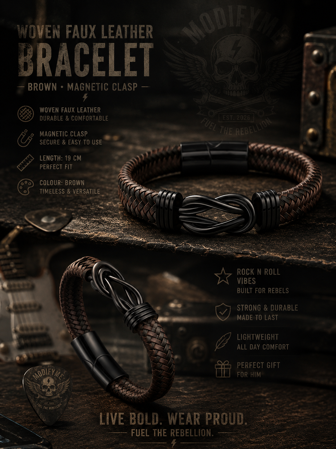 Woven Faux Leather Bracelet - Brown