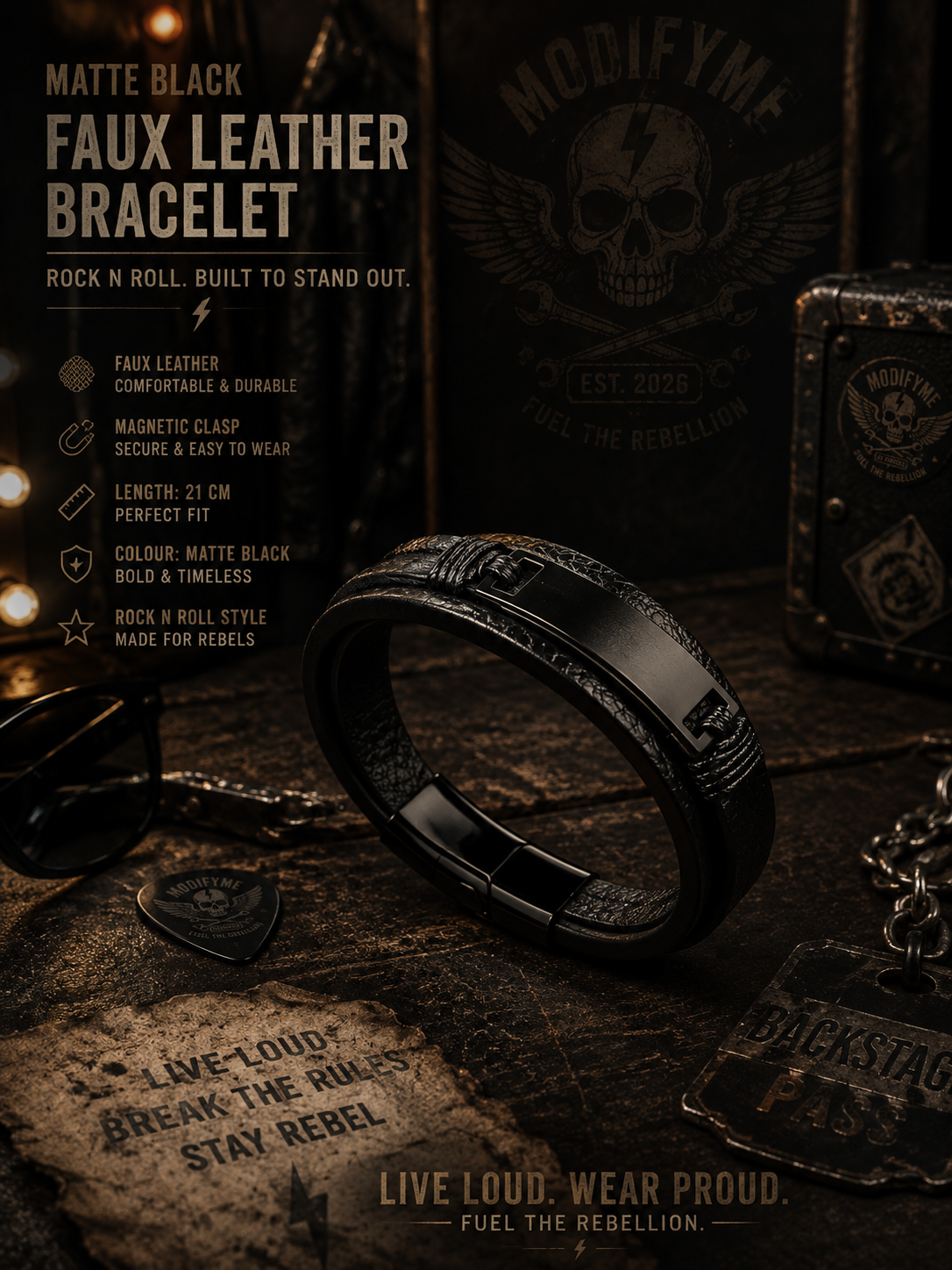 Faux Leather Bracelet - Matte Black